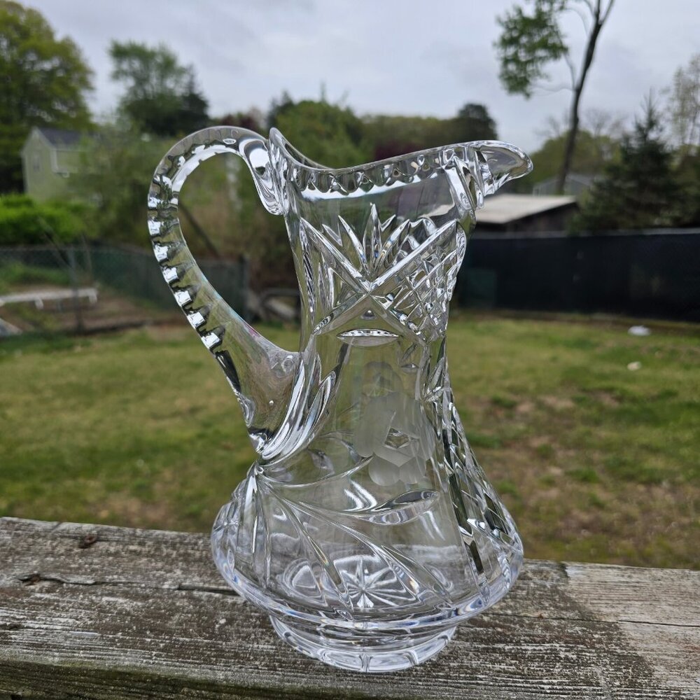 Etched Heavy Cut Crystal Pitcher Decanter Handle Floral Motif - Picture 2 of 14